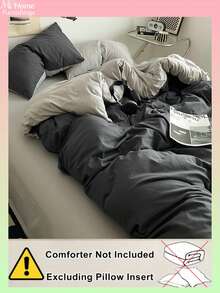 3件組深灰色與淺灰色床上用品套裝，1件被套與2件枕套，男女生宿舍床上用品，極簡時尚居家裝飾，柔軟舒適臥室床上用品，時尚套裝，可機洗，不含填充物 - 深灰色 - 查看 4