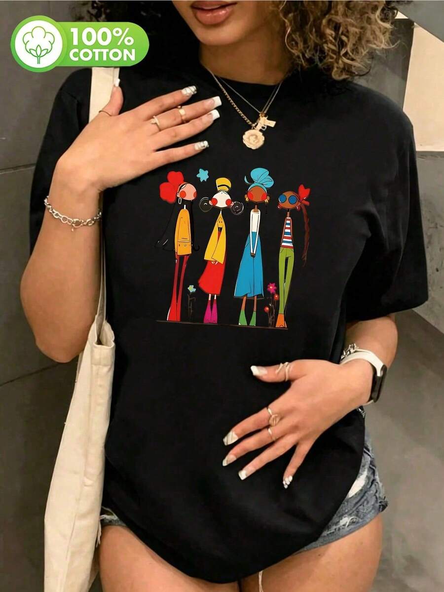 2026新款女款純棉T恤-寬鬆版型、圓領、印花短袖上衣,Touch系列大尺碼夏季休閒黑色女裝 - 黑色 - 查看 1