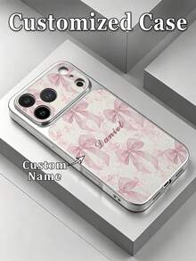 1 buah Casing Ponsel Kustom dengan Nama, Pita Merah Muda Lembut & Pola Bunga, Lapisan Logam Perak, Tekstur Kulit Leci, Jendela Besar, Lensa Pelindung Penuh, Kompatibel dengan iPhone 17ProMax/16Pro/15Pro/14 Plus/13 Pro/12 Pro Max/11/XsMax Aksesoris Ponsel - Putih - View 1