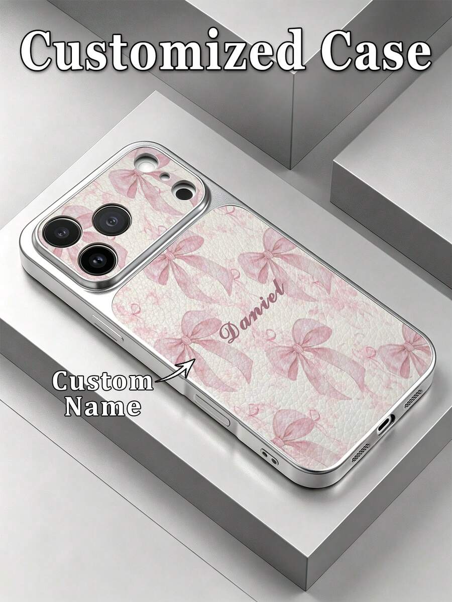 1 buah Casing Ponsel Kustom dengan Nama, Pita Merah Muda Lembut & Pola Bunga, Lapisan Logam Perak, Tekstur Kulit Leci, Jendela Besar, Lensa Pelindung Penuh, Kompatibel dengan iPhone 17ProMax/16Pro/15Pro/14 Plus/13 Pro/12 Pro Max/11/XsMax Aksesoris Ponsel - Putih - View 1