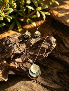 Cring Coco 4Pcs Women Retro Layered Green Gradient Enamel Jewelry Set, Irregular Snake Chain Necklace Drop Earrings Adjustable Ring Boho Statement Accessories - Geometry 1 - View 3