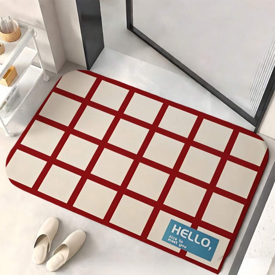 1pc Red And White Plaid Pattern Bathroom Mat, Bathroom Rug, Doormat, Small Rug, Carpet, Floor Mat, Home Decor, Area Rug, Outdoor Mat, Home Decor, Area Carpet, Bedroom Rug, Washable Carpet - Multicolor - View 1
