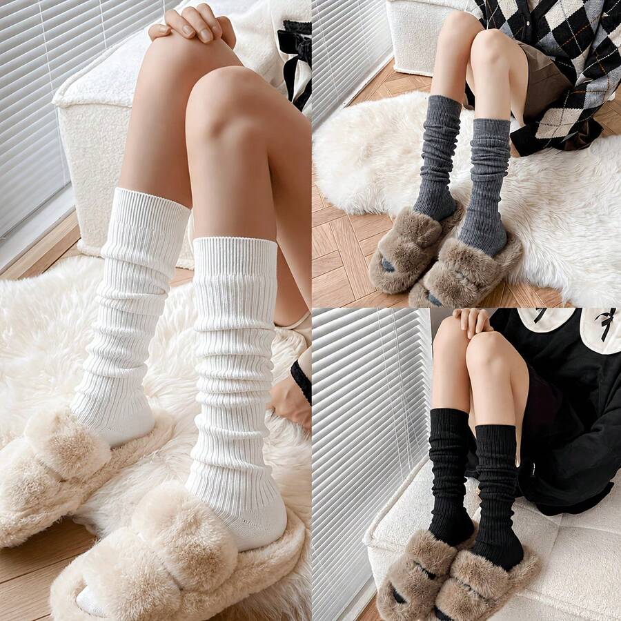 1 Pasang/2 Pasang/3 Pasang Kaos Kaki Wanita Polos Setinggi Betis, Bergaris Hitam/Putih/Abu-abu, Serbaguna untuk Dipakai Sehari-hari Sepanjang Tahun - MultiWarna - View 1