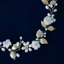 Pearl Flower Leaf Bridal Hair Vine, Gold/Silver Rhinestone Wedding Headband With Ribbon, Bohemian Style Bridesmaid Prom Party Hair Accessory - Multicolor - View 7