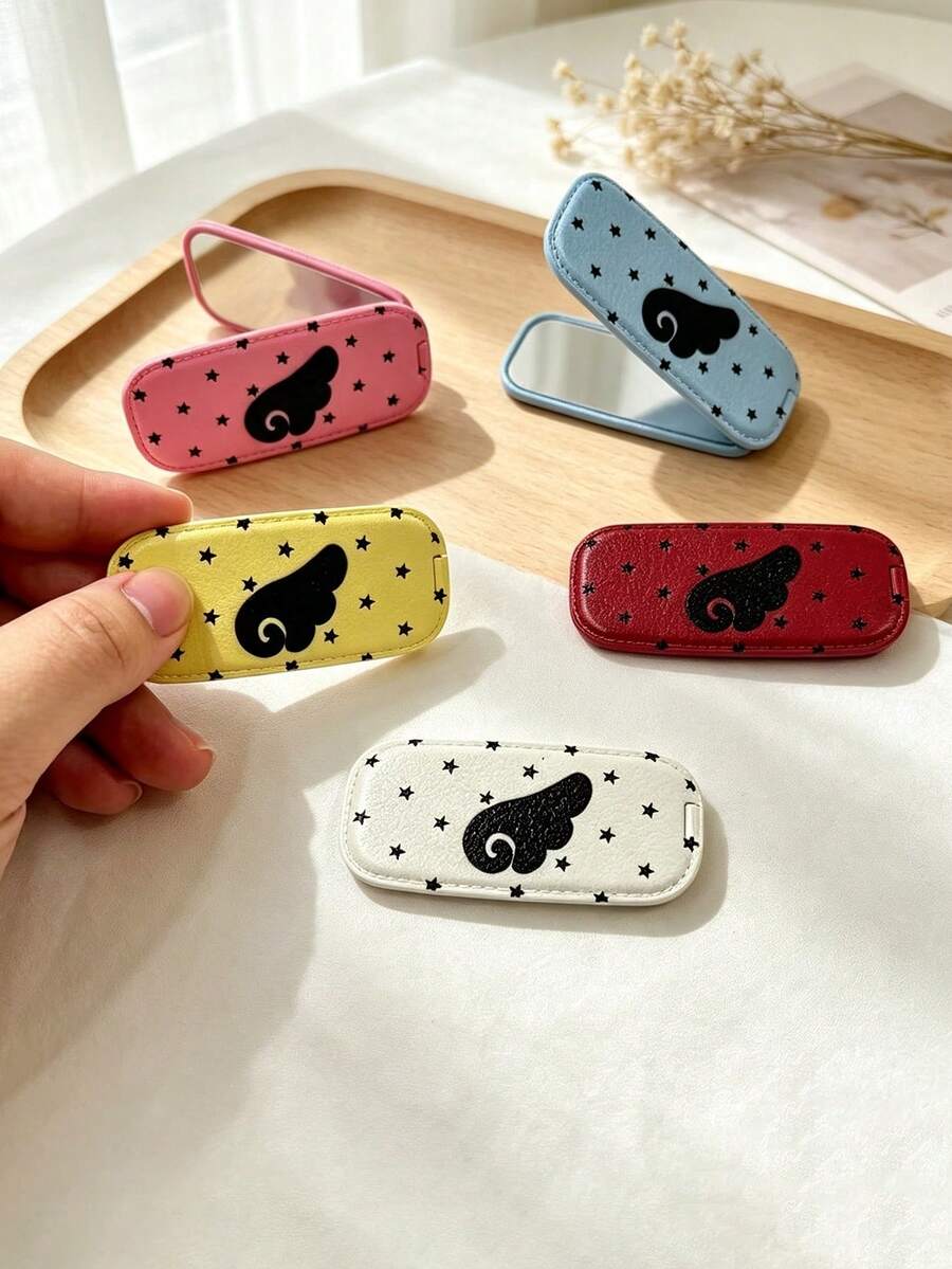 1PC Imitation Leather Grain Mirror Makeup Phone Holder, Adhesive Foldable Mirror Back Sticker, Dual Horizontal & Vertical Use Portable Desktop Stand - Wing Polka Dot - View 1