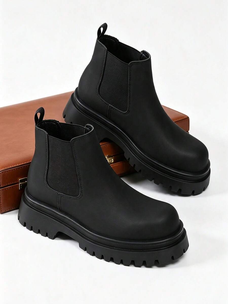 Men's Chelsea Boots, Platform Thick Sole, Ankle Boots, Street Motorcycle Boots, Height-Increasing Thick Sole Comfortable Boots, Commuter Cargo Style Style Ankle Boots - Black - View 1
