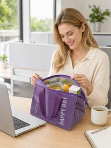1pc Letter Pattern Lunch Bag, Casual Style, Waterproof PU + Thickened Aluminum Foil Handbag, Lunch Bag With Sturdy Handle, Insulated Food Container Bag, Suitable For Outdoor Picnic, Commuting - Dopamine Multi-color - View 5