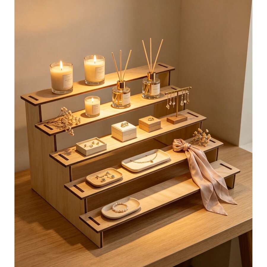 1pc Wooden Jewelry Display Stand Set, Multi-Layer Earring & Bracelet Storage Rack, Multi-Layer Desktop Retail Display Stand, Kitchen Storage Decor - Natural Wood Color - View 1