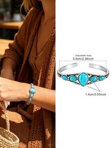 Yanxyad 1/4Pcs Western Boho Turquoise Open Cuff Bangle Set, Antique Silver Carved Cross Adjustable Bracelets For Women - Turquoise - View 9