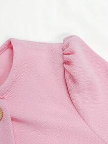 Tween Girls Pink Double-Breasted Colorblock Ruffle Design A-Line Short Dress, Cute Elegant Casual Streetwear School Style, Autumn/Winter - Pink - View 5