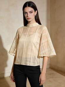 Blus Filipiniana Modern 1 potong, warna polos, atasan wanita untuk liburan, hari raya, pakaian sehari-hari, kencan, musim panas. - Sampanye - View 3