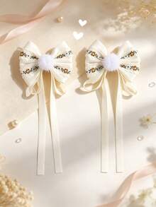 2pcs Beige Floral Lace Satin Bow Headband With Pom Pom Long Ribbon Alligator Clip, Vintage Sweet Hair Clips Hair Accessories For Girls - Multicolor - View 1