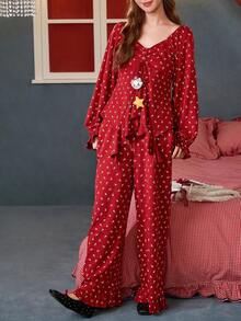 Gongdie 2 Pieces Disney Christmas Women's Matching Pajama Set Couple,Fall Red Floral Print Soft Cotton Loungewear With Ruffled Hem And Marie Star Charm Detail - Red - View 10