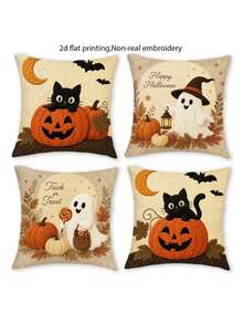 4pcs Cat & Throw Pillow Covers Suitable For Halloween Country Rustic Decor, Non-Embroidery Retro Cushion Covers With Zipper Closure, Fall Pillowcases For Sofa Bed Living Room Car, 17.7x17.7in, No Inserts, 2D Flat - Apricot - View 6