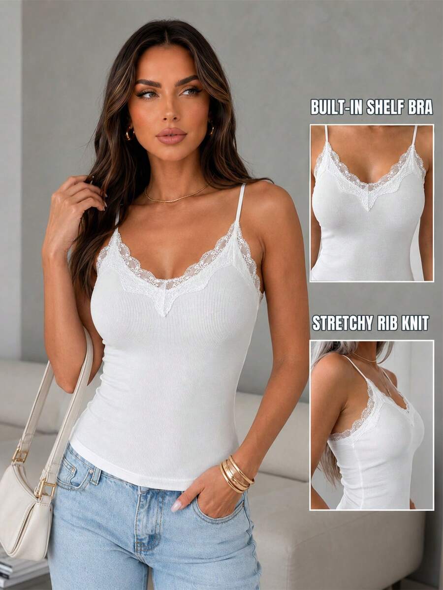 ChicMe Women Built-In Bra Cami Top V-Neck Spaghetti Straps Lace Spliced Ribbed Slim Fit Tank Shirt Daily Casual Wear - Beige - View 1