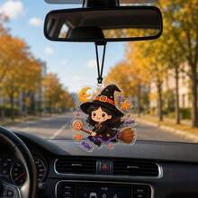 1pc AUSI Acrylic Halloween Car Hanging Ornament, Black Cat House Pumpkin Ghost Witch Funny Spooky Pattern Pendant, Car Rearview Mirror Decoration Prop, Suitable For Sedan SUV MPV Interior Party Decor Accessory - Multicolor - View 8