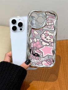 Electroplated Silver Shiny Wavy Frame Sweet Cool Cartoon Cat Phone Case, High Gloss Full Coverage Anti-Drop Protective Shell, Compatible With Apple 11/12/13/14/15/16/17/PRO/PROMAX/PLUS/AIR And Other Phone Models - Silver - View 2