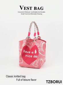 Geometric Pattern Multicolor Knot Large Capacity Bucket Bag, Handheld Tote Bag, Elegant Travel Multi-Functional Handbag - Pink - View 1