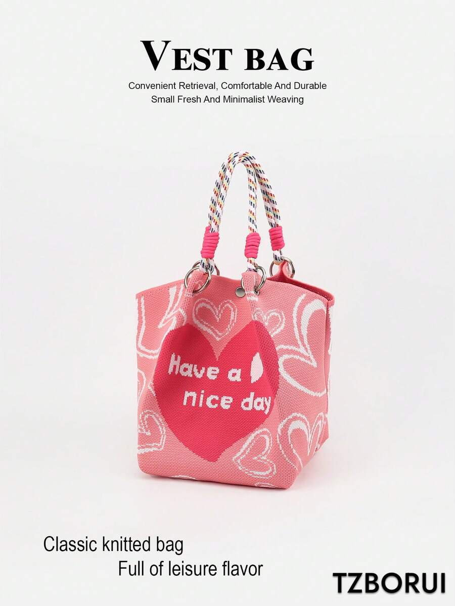 Geometric Pattern Multicolor Knot Large Capacity Bucket Bag, Handheld Tote Bag, Elegant Travel Multi-Functional Handbag - Pink - View 1