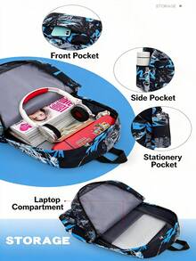 Graffiti 3 Pieces Backpack Set, Large Capacity Student School Bag With Crossbody Pouch + Pencil Case, Casual Commuter Laptop Backpack - Backpack - View 11