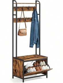 2026-NEW: Coat Rack With Shoe Storage, Hall Tree With Bench, 9 Hooks And Top Shelf, For Hallway, Bedroom, Industrial Style, Rustic Brown And Ink Black HSR405B01 - Rustic Brown + Classic Black - View 1