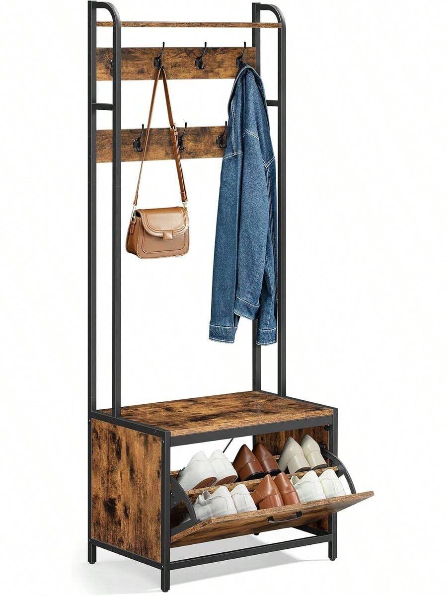 2026-NEW: Coat Rack With Shoe Storage, Hall Tree With Bench, 9 Hooks And Top Shelf, For Hallway, Bedroom, Industrial Style, Rustic Brown And Ink Black HSR405B01 - Rustic Brown + Classic Black - View 1
