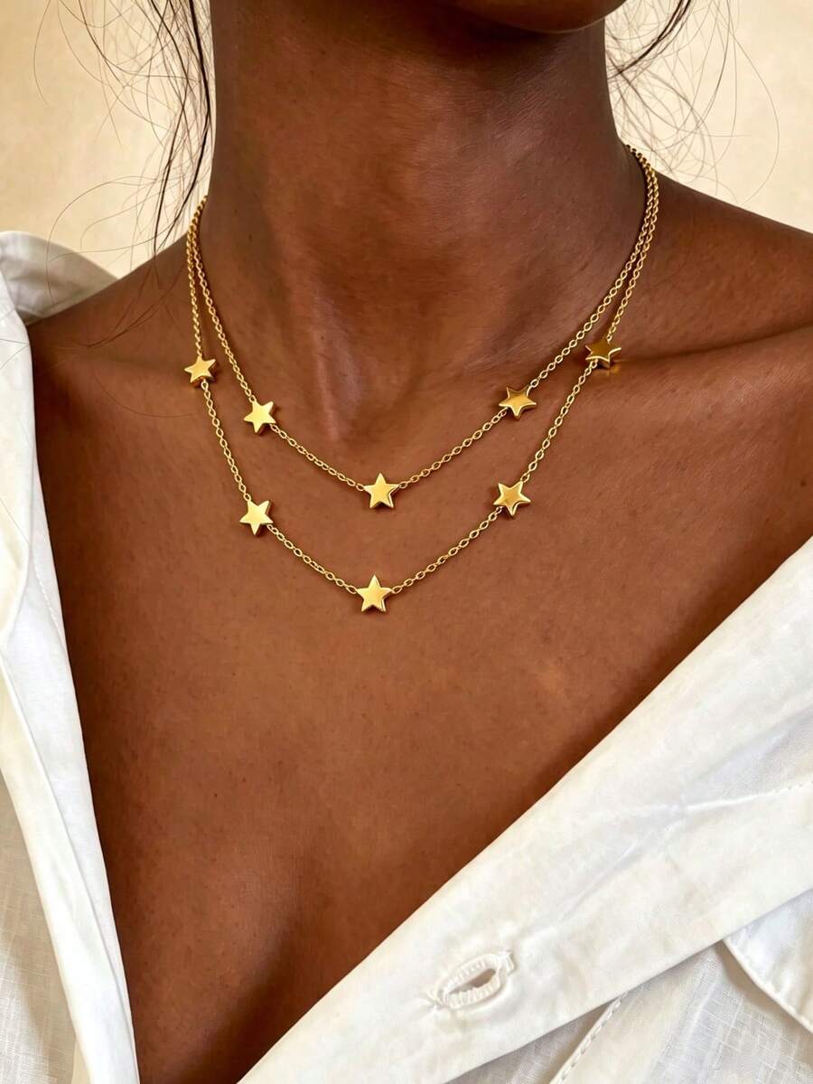 YUNCHUN 1pc Elegant Gold Stainless Steel Star Chain Necklace, Daily Commute, Holiday Outfit Layering Neck Accessory, Versatile Necklace - Gold - View 1