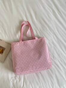 Solid Color Large Capacity Minimalist Shopping Tote Bag, Polka Dot Pattern Tote Bag, Shopping Bag, Drawstring Closure Tote Bag - Pink - View 6