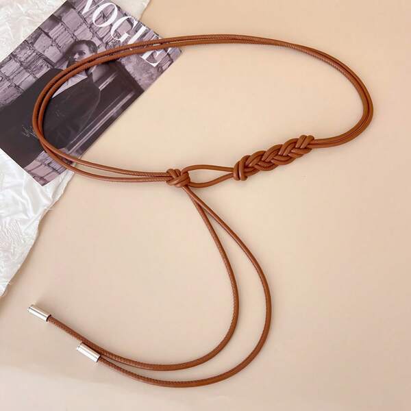 Women's Knotted Thin Waist Belt Accessory, Leather Rope Waist Chain Can Be Matched With Skirts And Sweaters, Black Multi-Functional Chinese Style Long Waist Belt Wholesale
