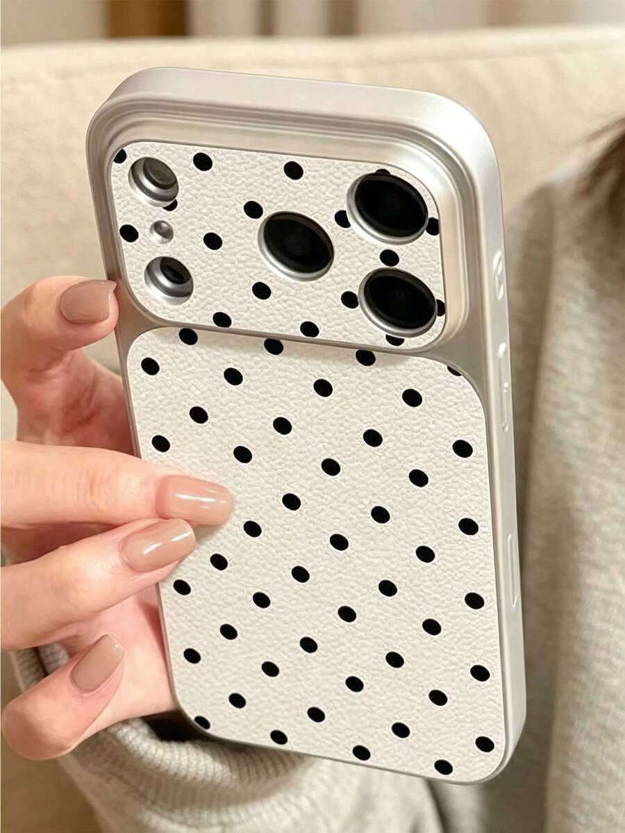 1pc Large Window Full Screen Black Polka Dot Phone Case, White Quickly Changes To Lychee Texture, Suitable For 13/14/15/16/17 PRO PROMAX PLUS And Other Full Coverage Large Window Phone Cases - White - View 1