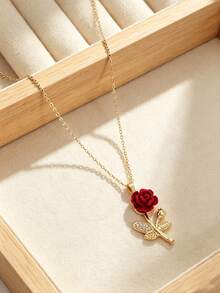 1pc Fashionable & Romantic Red Rose Pendant Necklace, Gift For Women - Red - View 4