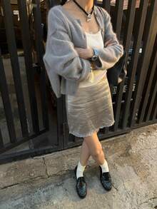 Women's Plush Knit Cardigan, Button-Up, Soft Long Sleeve Sweater, Comfortable And Versatile, Suitable For Winter And Autumn Daily Wear - Grey - View 3