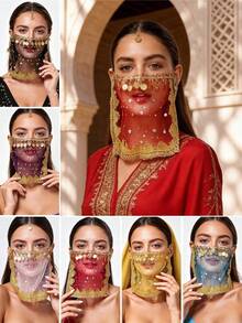 1pc Women's Belly Dance Outfit Handmade Chiffon Veil With Coins Hanging Elastic Band Dance Costume Face Covering Accessory, With Sequin Skirt Saree Sari Style Inspiration For Rave Performance. Suitable For Festivals, Parties, - Multicolor - View 1