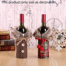 Rustic Vintage Style, Linen Fabric, Cylindrical Shape, Faux Fur Collar, Wooden Buttons And Pom Pom Decoration, Decorative And Protective Function, Wine Bottle Sleeve, Suitable For Christmas, Holiday Dinner, Home Kitchen, Party And Winter Scenes - View 4