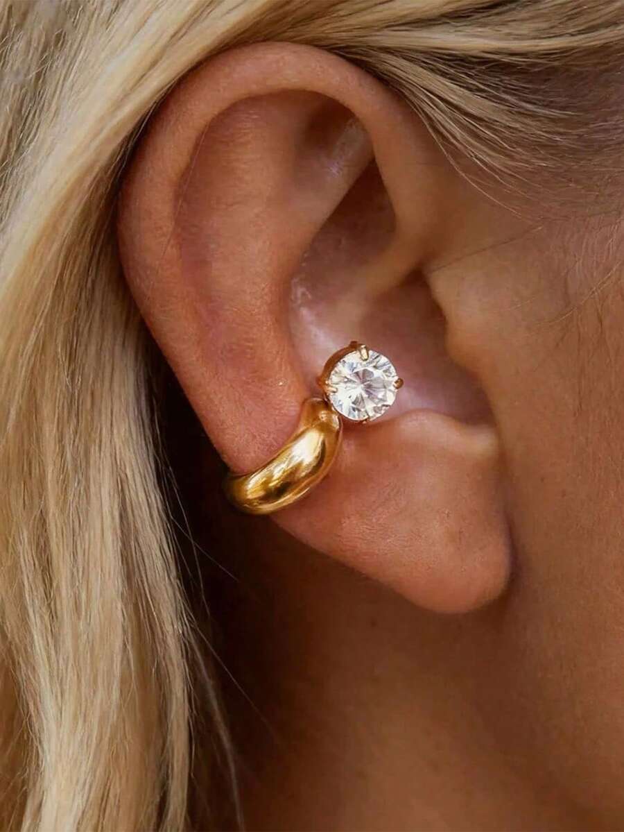 Uself 1pc Gold Chunky Stainless Steel Round Cubic Zirconia Clip-On Earrings, Non-Pierced Clip-On Ear Jewelry, Delicate Hole-Free Earring Accessories, Suitable For Women, Minimalist Statement Cartilage Earrings - Multi-color 4 - View 1