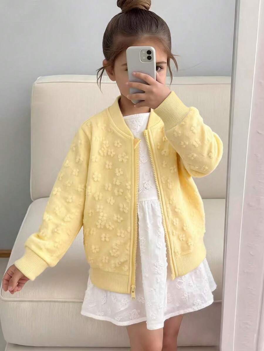 Girls' Casual Fashion Floral Textured Long Sleeve Zip-Up Jacket, Suitable For Daily Casual, Outdoor Activities And School Wear - Yellow - View 1