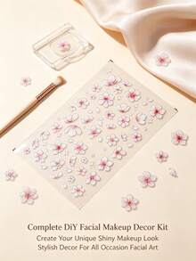 1pc Iridescent Pearlescent Flower Face Decoration Sticker With Rhinestone Embellishments, Soft Pink Floral Pattern, Waterproof Sweet Girl Style Makeup Decal For Birthday, Date, Photoshoot, Bridesmaid Makeup,Halloween Costume - Multicolor - View 5