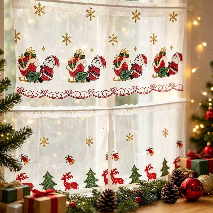 Christmas Solid Color Kitchen Curtain Set, Embroidered With Santa Claus Sleigh Reindeer, Christmas Tree, Snowflake, Bell, Rod Pocket Pleated Sheer Curtain, Semi-Transparent Christmas Window Decor, Suitable For Home, Cafe, Kitchen, Holiday Party Decoration - White - View 1