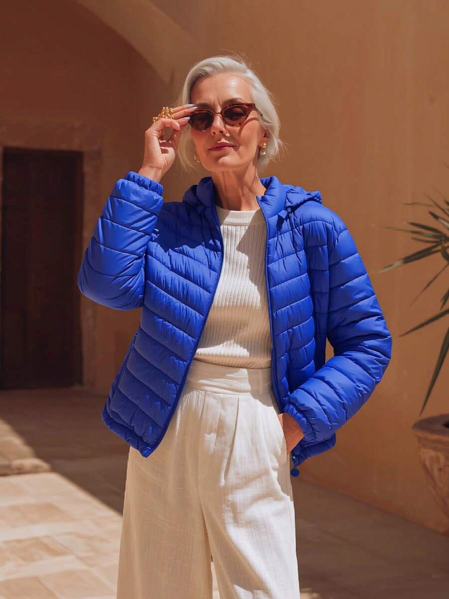 女款極簡連帽加厚外套,附口袋,秋冬保暖羽絨夾克 - 藍色 - 查看 1