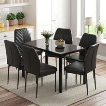 Dining Table And Chairs Set Of 4/6, Glass Kitchen Table And Faux Leather Padded Chairs Kitchen Dining Table Set - Black - View 1