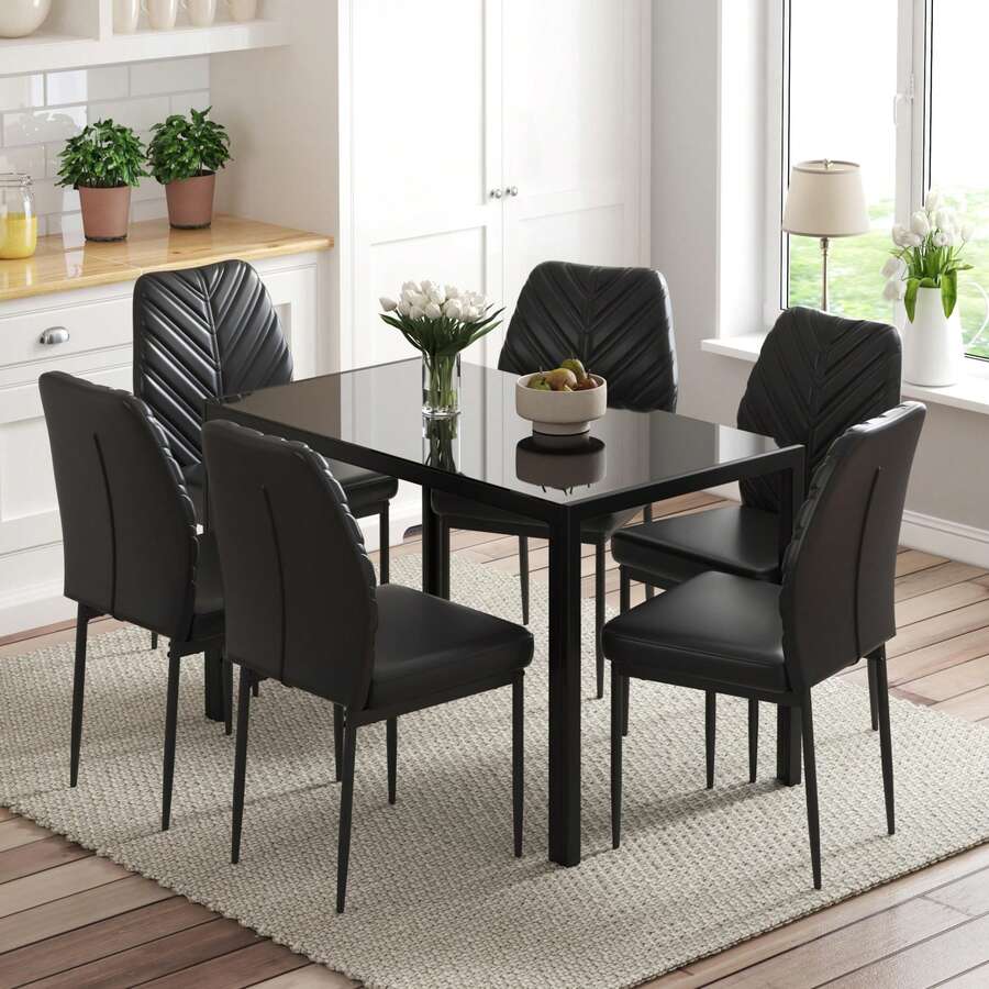 Dining Table And Chairs Set Of 4/6, Glass Kitchen Table And Faux Leather Padded Chairs Kitchen Dining Table Set - Black - View 1
