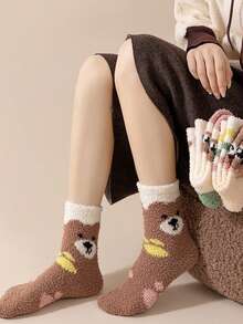 3/5 Pairs Random Women's Coral Fleece Mid-Calf Socks, Winter Warm Sleep Socks, Floor Socks, Cute Bear Pattern Fuzzy Socks, Coffee Color Versatile Women's Socks - Multicolor - View 3
