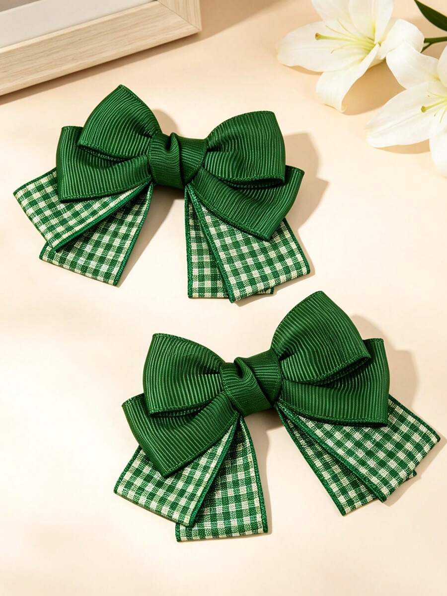 2pcs Kids Green Plaid Print Bow Hair Clips, Versatile Casual Decorative Hair Clips, Suitable For Daily Wear And Outings - Multicolor - View 1
