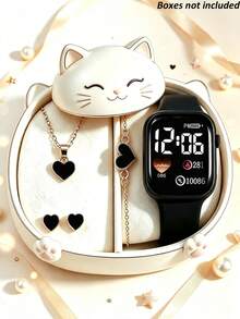 5pcs/Set Square LED Digital Heart Display Electronic Watch With Classic Heart Jewelry Set, Flexible Silicone Sports Strap, Compact And Lightweight For Student Daily Wear, Suitable As Birthday, Valentine's Day Gift For Girlfriend And Best Friend, Back To School, Graduation Season, Top Gift Choice (Gift Box Not Included) - Multicolor - View 13