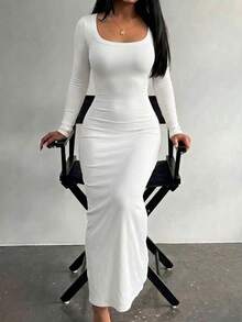 GLAMSKIN Gaun Maxi Mermaid Bodycon Pas Badan Lengan Panjang Bergaris Leher U untuk Wanita, Gaya Dasar untuk Pakaian Sehari-hari Musim Gugur dan Prom Kembali ke Sekolah, Putih - Putih - View 5