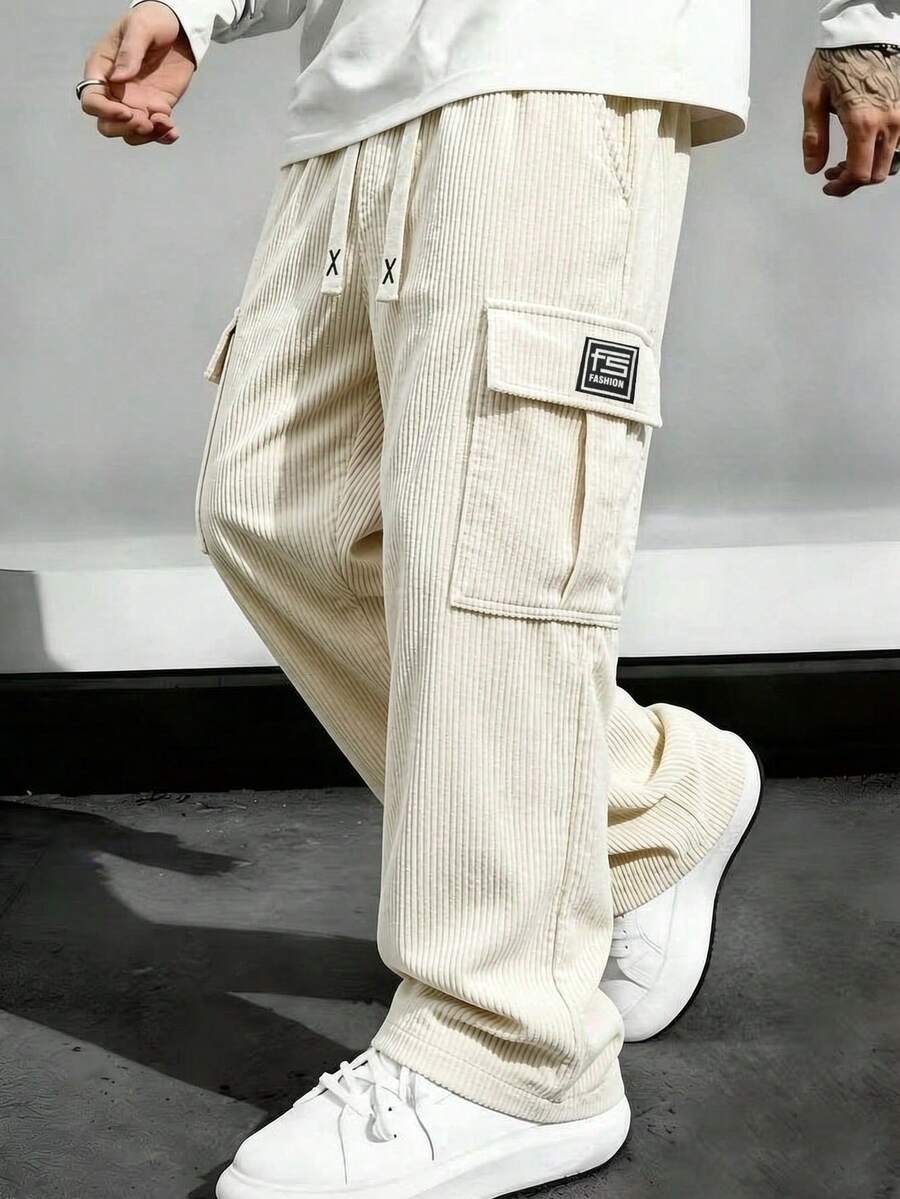 Men's Casual Sports Long Pants For Spring And Autumn. Large Pockets Drawstring Minimalist Design. Pockets On Both Sides - Convenient For Carrying And Storage. Suitable For Outdoor And Daily Wear. Corduroy Pants - Apricot - View 1