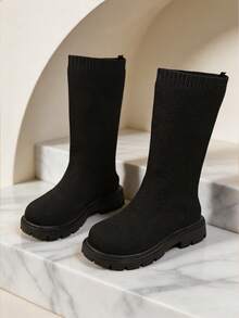 New Kids' Elastic Knit High-Top Long Socks Boots, Solid Color Knit Fabric Soft And Snug Fit On Calves, Loose Round Toe For Toe Protection, Thick Anti-Slip Textured Sole, Simple Black Style, Lightweight And Versatile, Girls' Spring/Autumn Elastic Long Boots For Dresses And Pants - Black - View 6