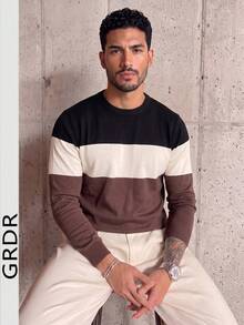 GRDR Men's New Colorblock Striped Crew Neck Long Sleeve Knit Top - Casual Daily Commute - Brown - View 1