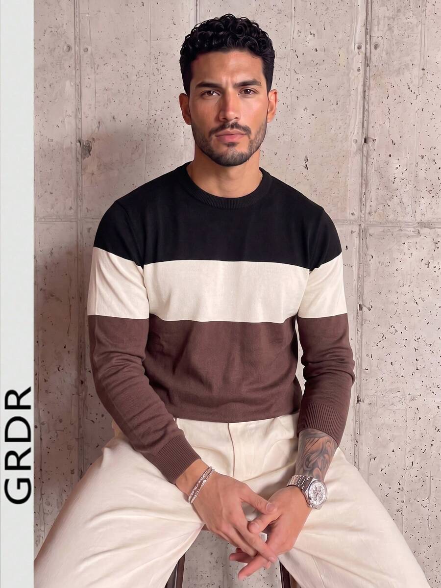 GRDR Men's New Colorblock Striped Crew Neck Long Sleeve Knit Top - Casual Daily Commute - Brown - View 1