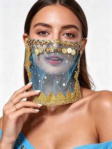 1pc Women's Belly Dance Outfit Handmade Chiffon Veil With Coins Hanging Elastic Band Dance Costume Face Covering Accessory, With Sequin Skirt Saree Sari Style Inspiration For Rave Performance. Suitable For Festivals, Parties, - Multicolor - View 2